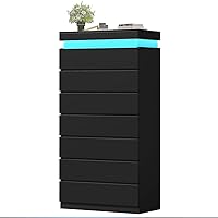 Vista 6 de Cómoda alta de 7 cajones con luz LED, cómoda moderna negra para dormitorio, vestidor de armario con cajones para sala de estar, entrada, pasillo