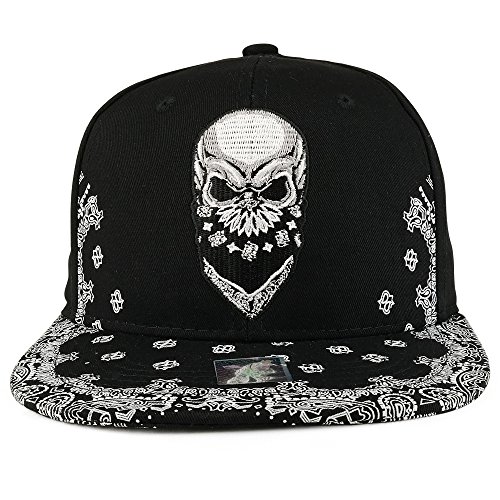 Trendy Apparel Shop Skull Bandana Embroidered Snapback with Paisley Print Flatbill Cap - Black