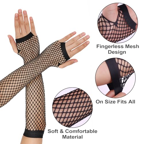 Telooco Schwarz Netzhandschuhe Damen Fischnetz Netzhandschuhe Lange Fingerlose Handschuhe Rock Fischnetzhandschuhe Netzärmel 80er 90er Jahre Party Cosplay Kostümzubehör für Damen Mädchen