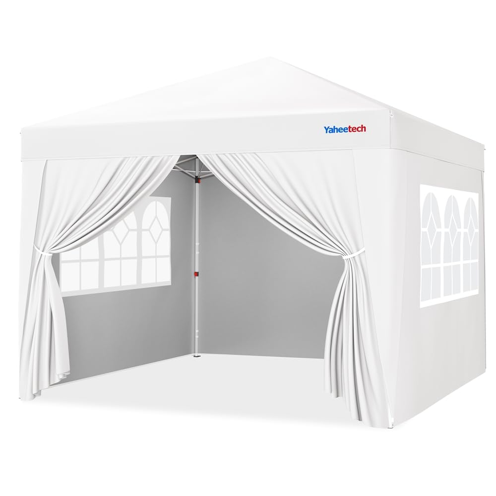 Yaheetech Tonnelle de Jardin Pop-up 3x3m avec 4 Parois Latérales Blanc | Hauteur Réglable Cadre Métal Résistant Parois avec Fenêtres Transparentes Sac à Roulettes, pour Mariage Fête Camping Jardin