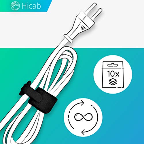 10x amarre de cable Hicab con cierre adhesivo negro. Longitud: 17 cm. Cinta adhesiva con ojal para atar los cables. Cinta adhesiva para atar cables, cinta con cierre adhesivo para cables.