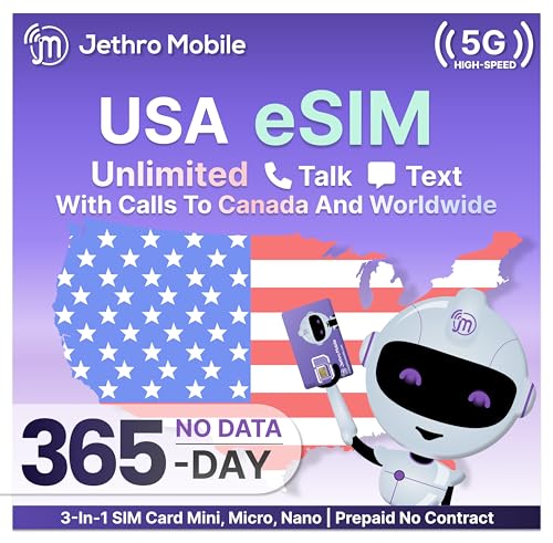 Jethro Mobile eSIM – 1 Year Prepaid Plan for iPhone & Android | Unlimited Talk & Text + International Calling | Fast Activation & Nationwide Coverage | No SIM Card Needed