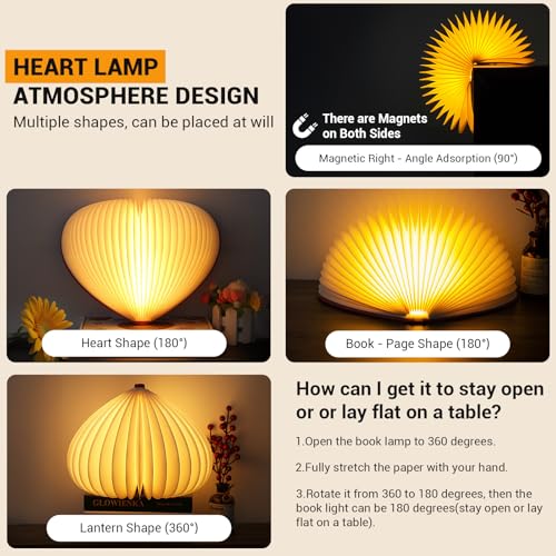 Image of JTT Folding Book Lamp, 2Pack Book Light Gifts Cool Novelty LED Night Light, Heart Lights 4 Colors White /Yellow /Warm Yellow and Changing Led Lights,Paper Lamp for Home & Library Decor Holiday Gifts