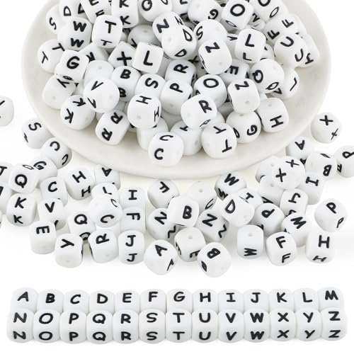 HHCFAST 130Pcs 12mm White Square Silicone Letter Beads A-Z Cube Alphabet Silicone Beads for Keychain Making Ideal for Necklace Bracelet Pens and DIY Crafts