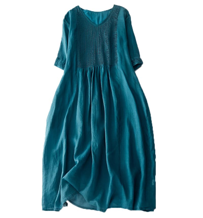 Akivide Women's Flowy Cotton Midi Dress Short Sleeve V Neck Summer Beach Vacation Casual Loose Long Dresses with Pockets