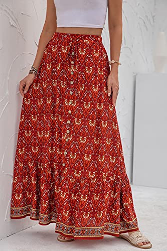 chouyatou Women's Boho Elastic Waist A-Line Floral Print Maxi Skirt Front Split4