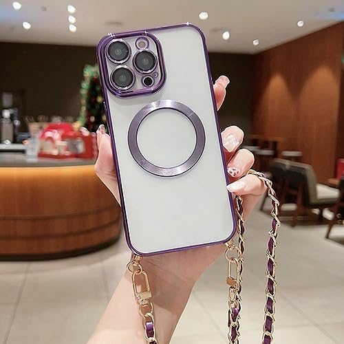 Coque iPhone 14 Pro Max transparente avec lanière tour de cou violet