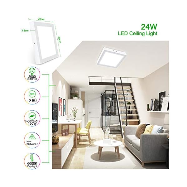 Unicozin LED Ceiling Light, 150W Equivalent, 24W 2000lm, 30 x 3.8 cm, Square, Surface Mounted Led Ceiling Lamp for Kitchen, Living Room, Hallway - Image 3