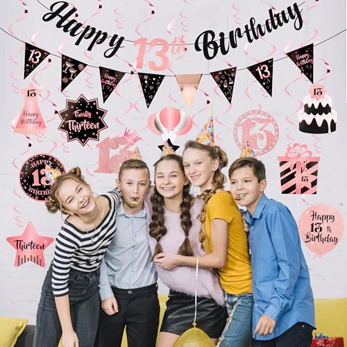 Image of 13th Birthday Decorations for Girls Rose Gold Pre Assembled Birthday Decoration Set Happy 13th Birthday Banner 13 Year Old Girl Birthday Party Supplies