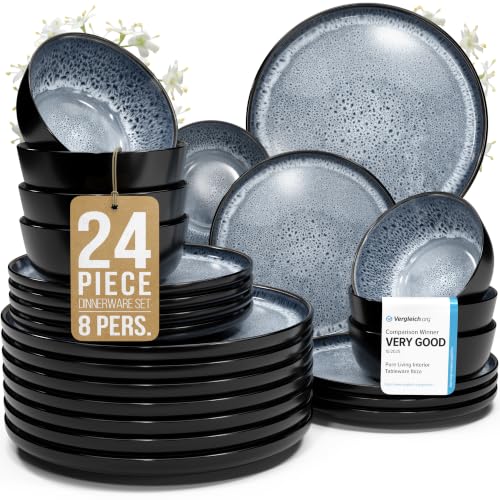 Image of 24 Piece Stoneware Dinnerware Set for 8, Handmade Plates and Bowls Set | Reactive Glaze Coating, Dishwasher & Microwave Safe Dish Set, Chip & Scratch Resistant Dishware Set, Ibiza Smoke Blue