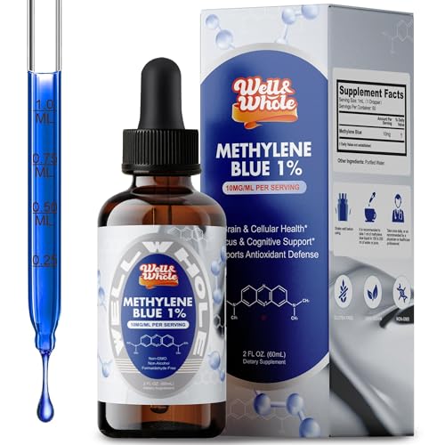 Methylene Blue Liquid Drops for Humans - Brain & Cognitive Support, Mitochondrial Health Supplement, Formaldehyde & Alcohol-Free Formula, 2 Fl Oz (60 mL)