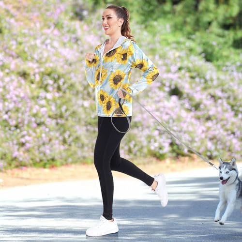 KLL Moletom feminino com capuz com zíper e proteção FPS 50+, girassol, abstrato, branco, azul, mármo