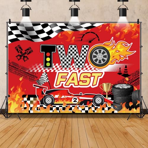 Canessioa Two Fast Backdrop Race Car Theme Boy 2nd Birthday Party Decorations Backdrop Fire Racing Trophy Tire Checked Flag Photography Background 7x5ft(210x150cm) Photo Studio Props by Canessioa - Image 2