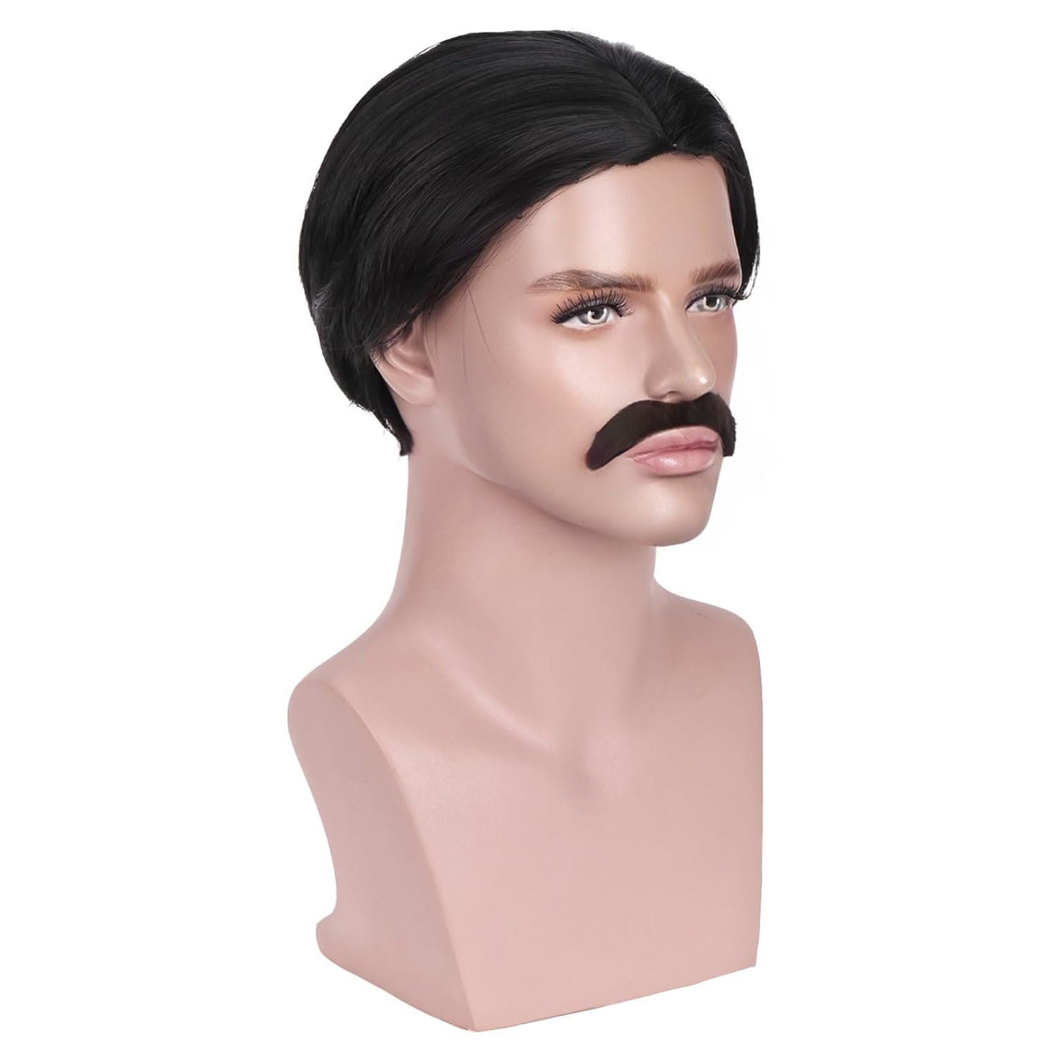 BERON Men Black Short Wigs with Mustache for Boys Halloween Costume Cosplay Party Hair Wigs