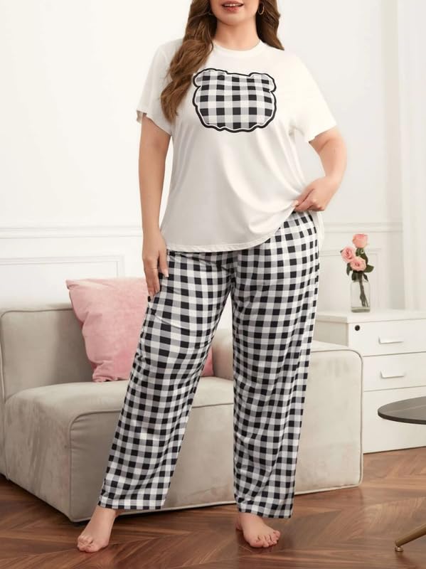 Image of KSHS Printed Round Neck Short Sleeve Nightsuit Set | Pajama Set | Casual Night Dress for Women