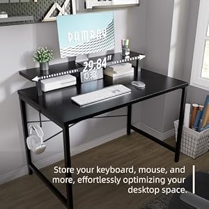 Pamray 32 Inch Small Computer Desk with Monitor Stand, Simple Office Desk with Headphone Hook for Small Spaces, Kids Study Writing Table for Bedroom, Black — photo 4 of 6