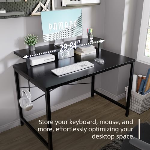 Image of Pamray 32 Inch Small Computer Desk with Monitor Stand, Simple Office Desk with Headphone Hook for Small Spaces, Kids Study Writing Table for Bedroom, Black