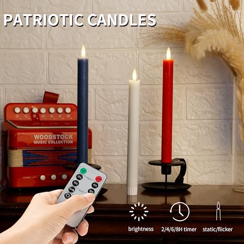 Image of Red White and Blue Flameless Taper Candles with Remote, 9.6 inch Real Wax Patriotic Flameless Candles, Battery Operated 4th of July Candlesticks, Flickering Independence Day Candle Decor, 3 Pack