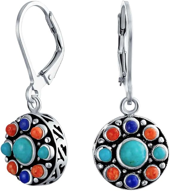 South Western Style Multi Stone Sterling Lapis Stabilized Turquoise Orange Coral Dangle Leverback Earrings For Women
