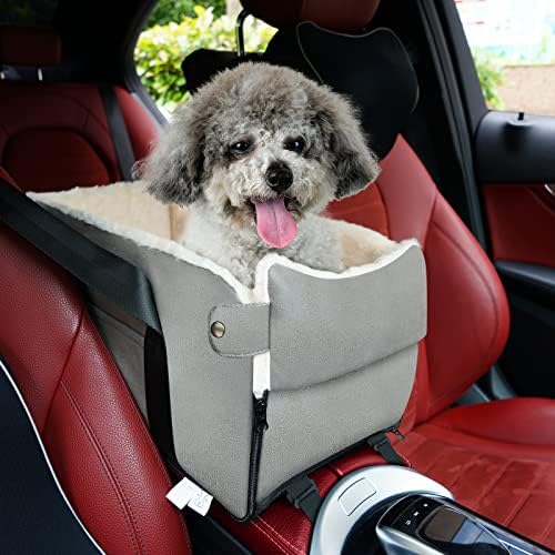 Center Console Dog Car Seat, Small Dog Car Seats for Small Dogs 0-15 Pounds, Portable Console Pet Car Seat for Travel with Safety Tethers and Booster Pad, Gray, 16.5" L x 9.4" W x 9.4" H