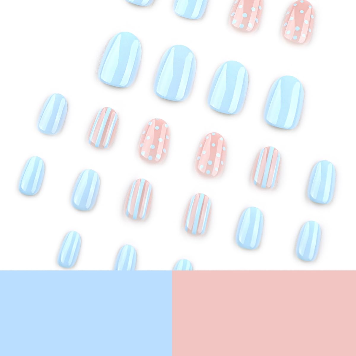 Short Oval Press on Nails Press ons with Polka Dots & Striped Design, Cute Stick on Nails for Women Manicure 24Pcs