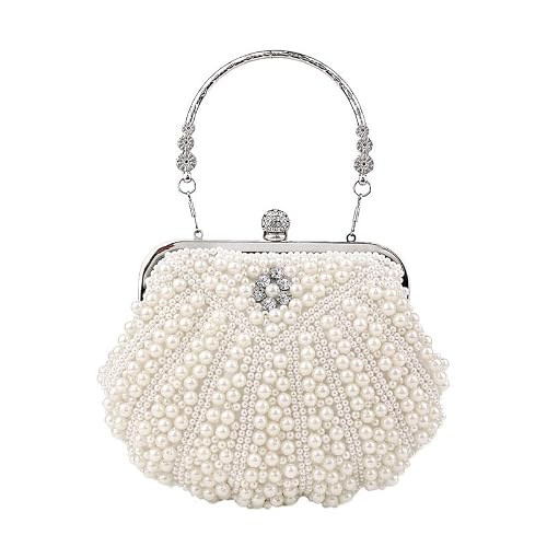 Zlyxzqg Ym3101 Pearl White Pearl Evening Bags Shell Pearl Evening Bags Beading Metal Clutch Bags With Chain Prom Wedding Bridal Handbags Purse(Ym3101 Pearl White)