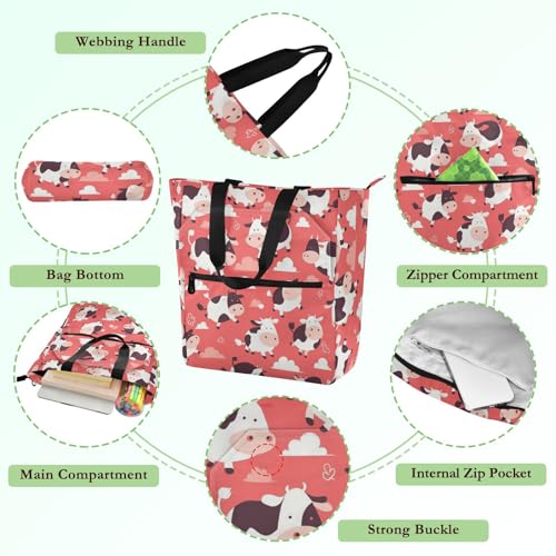 Decorative Kid Tote Bag for Boys Girls Women, Flying Cow Pink Heart Waterproof Library Book Bag Handbag with Zipper Pockets for School and Playtime Rainbow de tela para3