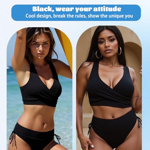 Bikini damen set, Sexy V-Ausschnitt bikinis für damen mit Brustpolster, Kreuzdesign Sport Bauchkontrolle bikini Zweiteiliger (DE/NL/SE/PL, Alphanumerisch, XXL, Regular, Regular, Klein, schwarz)