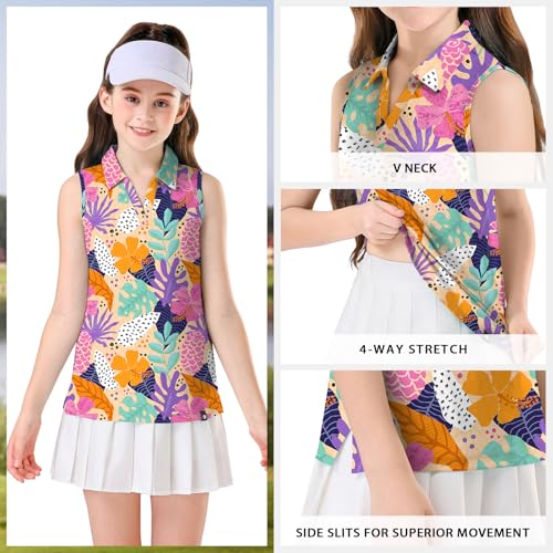 Image of Soneven Girls Sleeveless Polo Shirts Button UP Golf Tennis T-Shirts with Collared Quick Dry Tank Tops for 4-14 Years