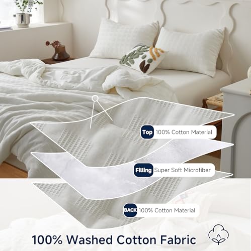 Image of Simple&Opulence 100% Cotton Waffle Weaving Comforter Set-3 Pieces Bedding Set(1 Comforter and 2 Pillowcases), Lightweight Soft Breathable Comforter Bed Sets for All Season(White, Queen)