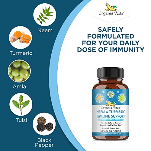 Organic Veda Immune Support Capsules – High Potency Organic Herbal Supplement Made With Neem, Tulsi, Turmeric, & Black Pepper - Supports Resistance & Cellular Defense – 120 Veggie #TOP3