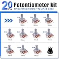 Taiss 20 Pezzi Potenziometro Kit con manopola B1K 2K 5K 10K 20K 50K 100K 250K 500K 1M Ohm Potenziometro Rotary manopola 3 pin Potenziometro Lineare Tipo B Volume Controllo F054 #1