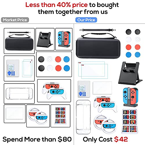 Image of Carrying Case & Accessories Bundle Kit for Nintendo Switch OLED 2021 Model with Charging Dock, 3in1 Protective Case, Screen Protector, Racing Steering Wheel Grip, Handle Grip, Thumbstick Cap&PlayStand