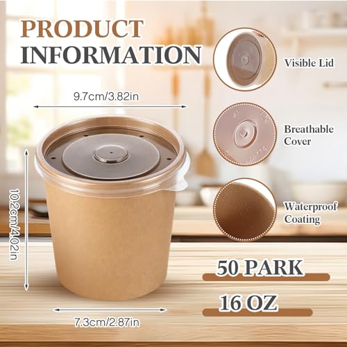 Image of Sabary 50 Pack 16oz Paper Soup Containers with Lids, Disposable to Go Soup Bowls, Ice Cream Cups, Take out Food Storage Containers, Microwavable and Freezer Safe for Ice Cream, Noodles, Snack, Yogurt