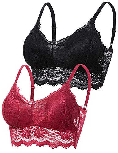 Lace Bralettes for Women, 2 Pieces Cute Bras with Removable Pads, Back Lace and Adjustable Straps 005 (2-Pack?Black+Wine?, Large)