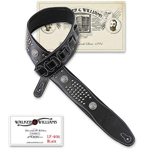 Walker & Williams LF-406 Black Wave Cut Leather Guitar Strap with Grid Studs
