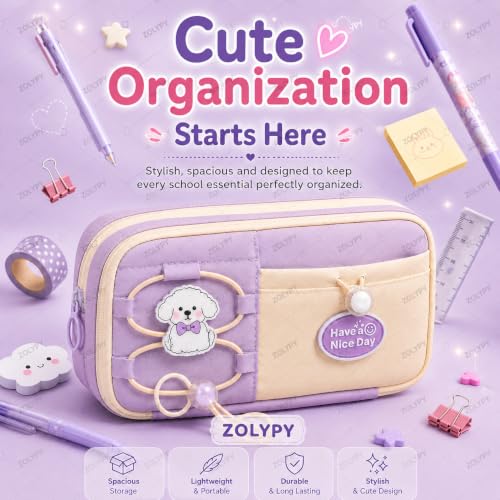 Image of Kawaii Cute Aesthetic Pencil Case 3 Layer 6 Compartment Large Capacity for Students | Pencil Pouch with Zipper | Cartoon Stationery Organizer Bag for Kids, Pencil Case for Girls & Boys (Nice Purple)