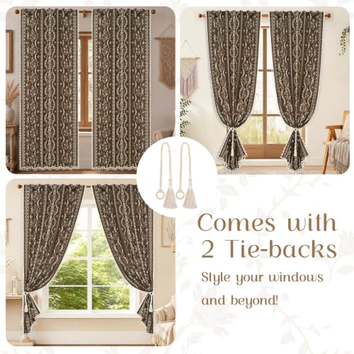 Image of Yinhua Boho Curtains for Living Room 84 Inch Length Vintage Linen Curtains for Bedroom Light Filtering Window Curtain Rod Pocket & Back Tabs Rustic Tassel Drapes with Tiebacks, Brown