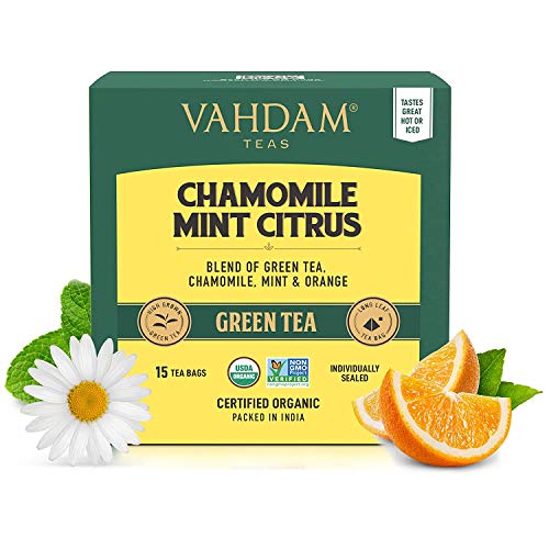 Vahdam Chamomile Tea with Mint Citrus (30 Tea Bags) | LOW CAFFEINE GREEN TEA | Calming & Relaxing Green Tea Blend | 100% Natural Detox Tea | Best for Night Time