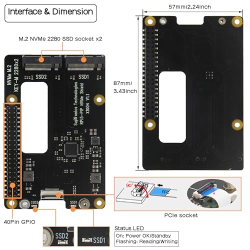 Geekworm X1004 Dual M.2 NVMe SSD Shield PCIe Peripheral Board for Raspberry Pi 5
