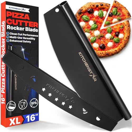 Image of KitchenStar 16 inch Black Non-Stick Pizza Cutter | Sharp Stainless Steel Rocker Blade | Protective Cover | Dishwasher Safe