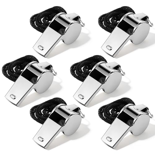 TIESOME 6 Pcs Coaching Whistle, Stainless Steel Whistles for Adults With Lanyard, Very Loud Coach Referee Whistle for Sports, PE Teachers, Basketball, Volleyball, Personal Safety (Silver)
