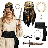 JJKOL 7 Piezas Accesorios Pirata Mujer, Disfraz Pirata Mujer, con Pañuelo, Parche en el ojo, Barba, Daga, Collar, Cinturón, Pendientes y Collares, para Disfraz Carnaval de Piratas Mujer, Flor Negra