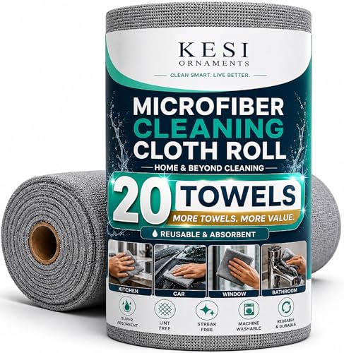 Image of KESI Ornaments Microfiber Cleaning Cloth 1 Roll - Tear-Away Reusable Microfiber Paper Towels, Lint-Free, 2000 Time Washable Scratch-Free, Kitchen Towels for Car, Home, Kitchen, Glass, Dishes (Grey)