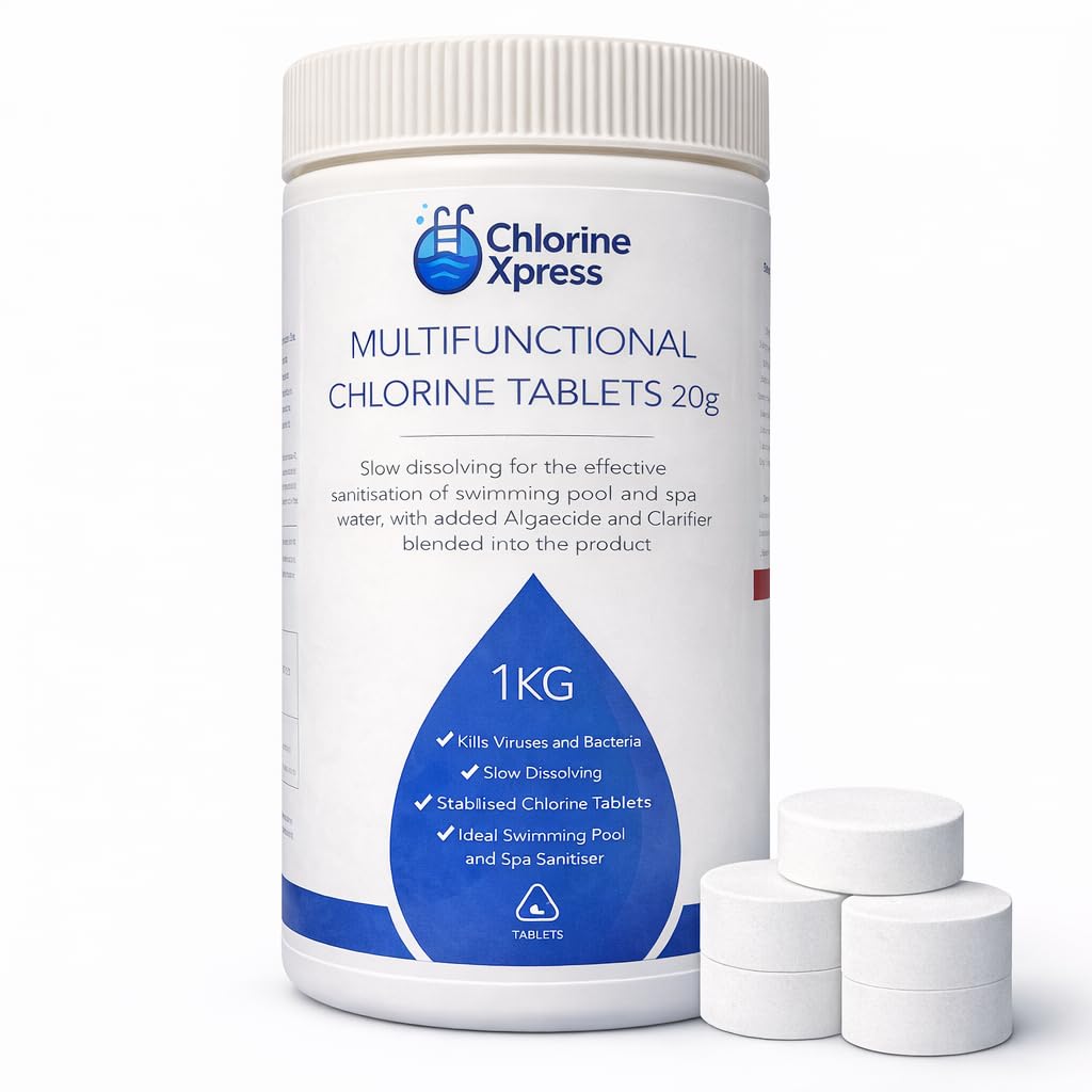 Multifunctional Chlorine Tablets 1kg 20g Tablets -Chlorine Xpress - Slow Dissolving Pool & Spa Chlorine Tablets | With Clarifier & Algaecide