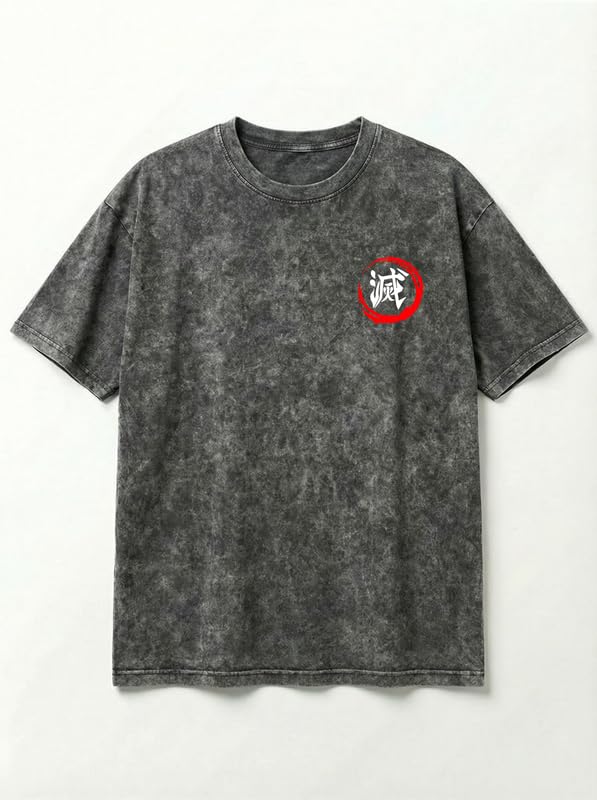 Image of Anime Printed T Shirt for Men | Demons Slayer Giyu Graphic Cotton Oversized Drop Shoulder | Black Round Neck Short Sleeve | Lightweight Casual Wear