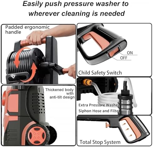 Pressure Washer 5000PSI with Adj-8-Level Touch Screen, 34" Tall Power Washer, 4 Quick Connect Nozzles, Inlet Hose&Filter&500mlFoam Cannon for Cars/Fences/Driveways, Red — view 4