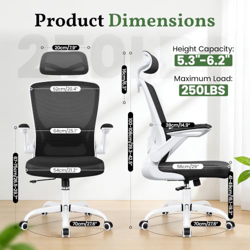 Image of Ergonomic Office Chair, Computer Desk Chairs with Adjustable Lumbar Support | Breathable Mesh Office Chair with Filp-Up Arms, Swivel Desk Chair Comfy for Home Office, Prolonged Sitting, High Back, White