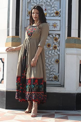 Image of Nehamta Women's Cotton and Rayon Anarkali Printed 3 /4 Sleeve Ankle Length Dress