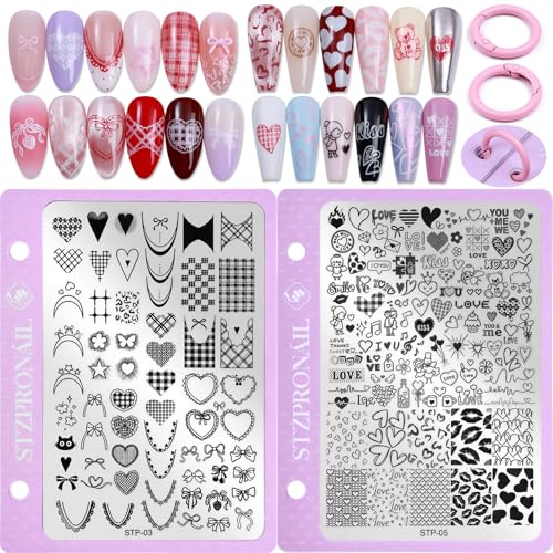 Nail Stamping Plates 2Pcs Love Heart & Bow Tie Pattern Stainless Steel Nail Art Templates with 2 Storage Rings Reusable DIY Manicure Transfer Stencils Tool for Valentine's Day & Sweet Style Nail Art